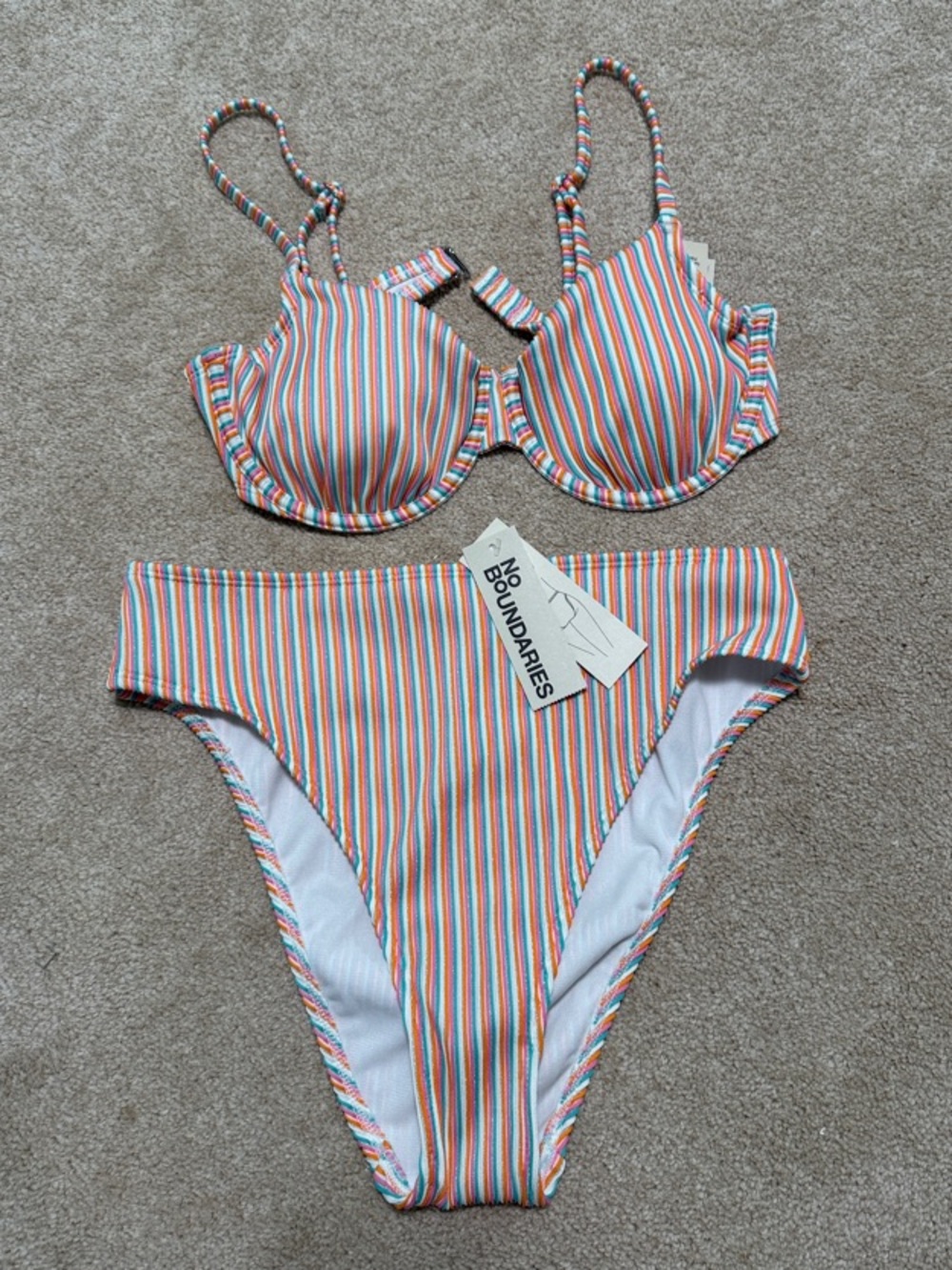 NWT - No Boundaries Vertical Stripe Bikini Set - Coral, Teal & White
